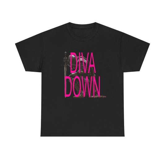 Diva Down Graphic Tee — Bold Pink Text Piano Silhouette T‑Shirt