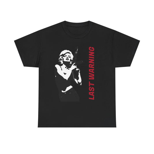 Last Warning Tee – Retro Pinup with Rifle Graphic