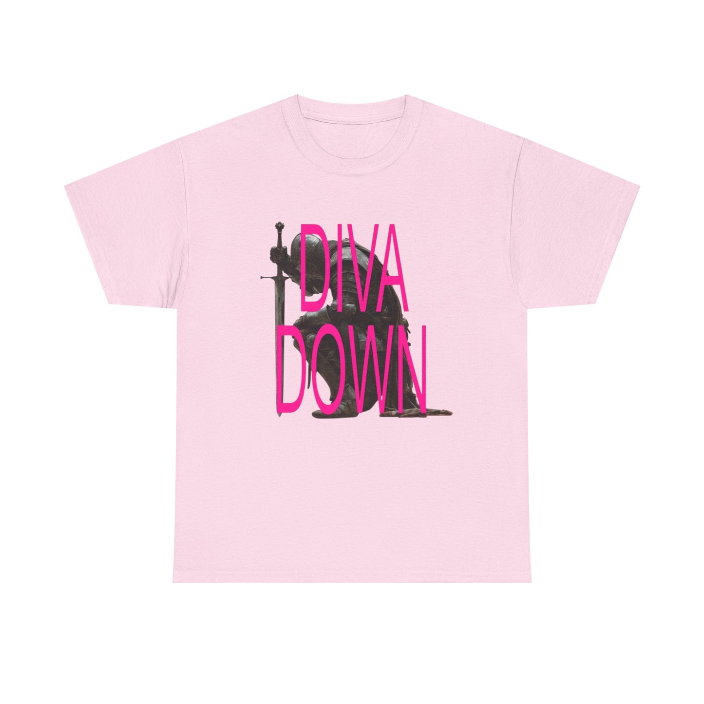 Diva Down Graphic Tee — Bold Pink Text Piano Silhouette T‑Shirt