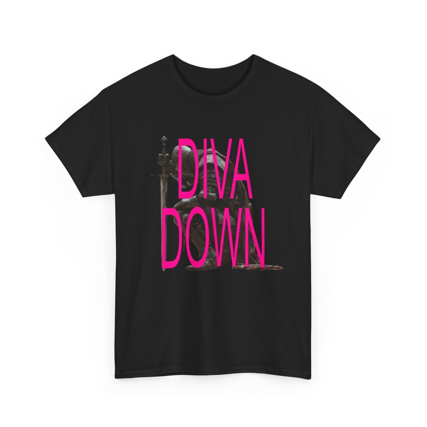 Diva Down Graphic Tee — Bold Pink Text Piano Silhouette T‑Shirt