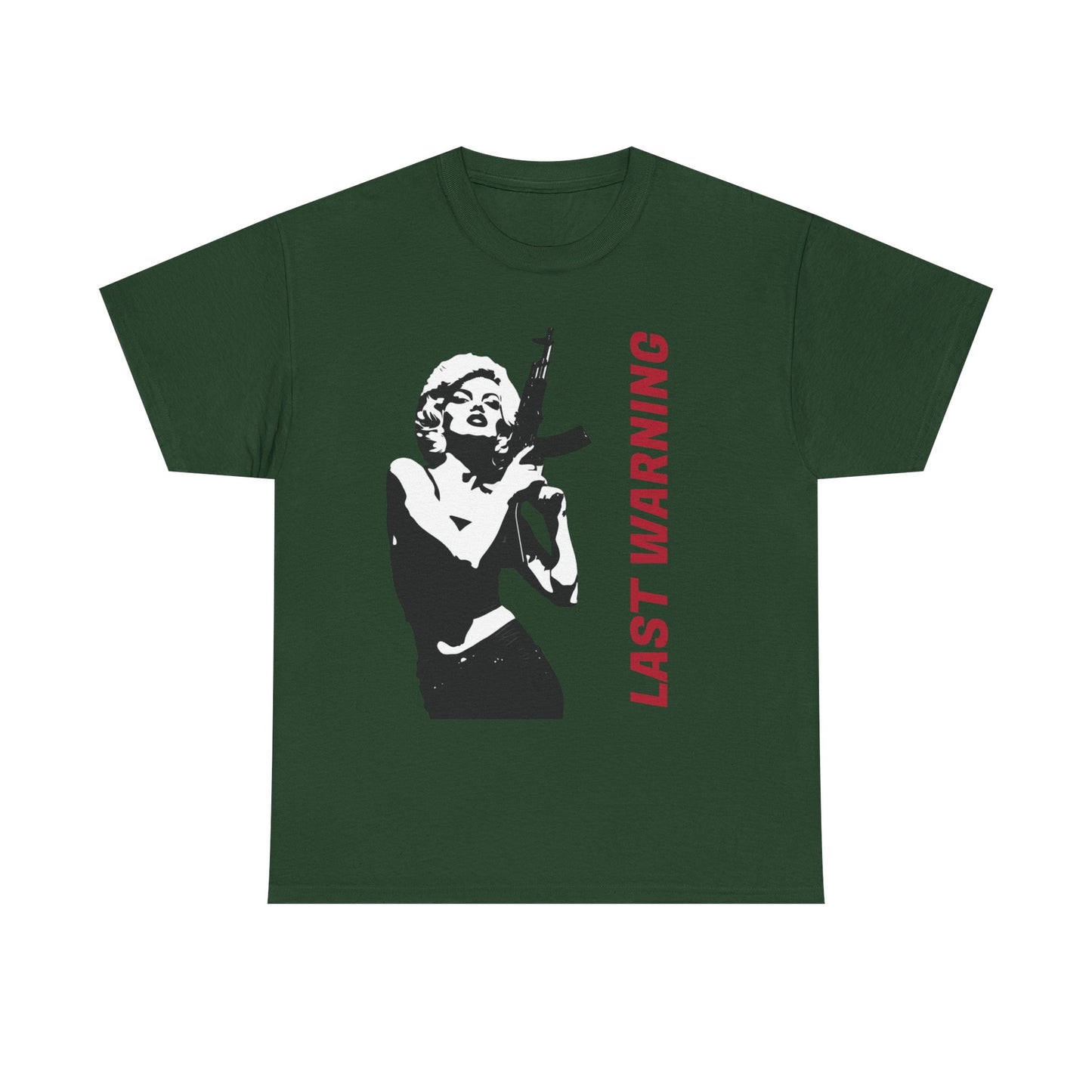 Last Warning Tee – Retro Pinup with Rifle Graphic