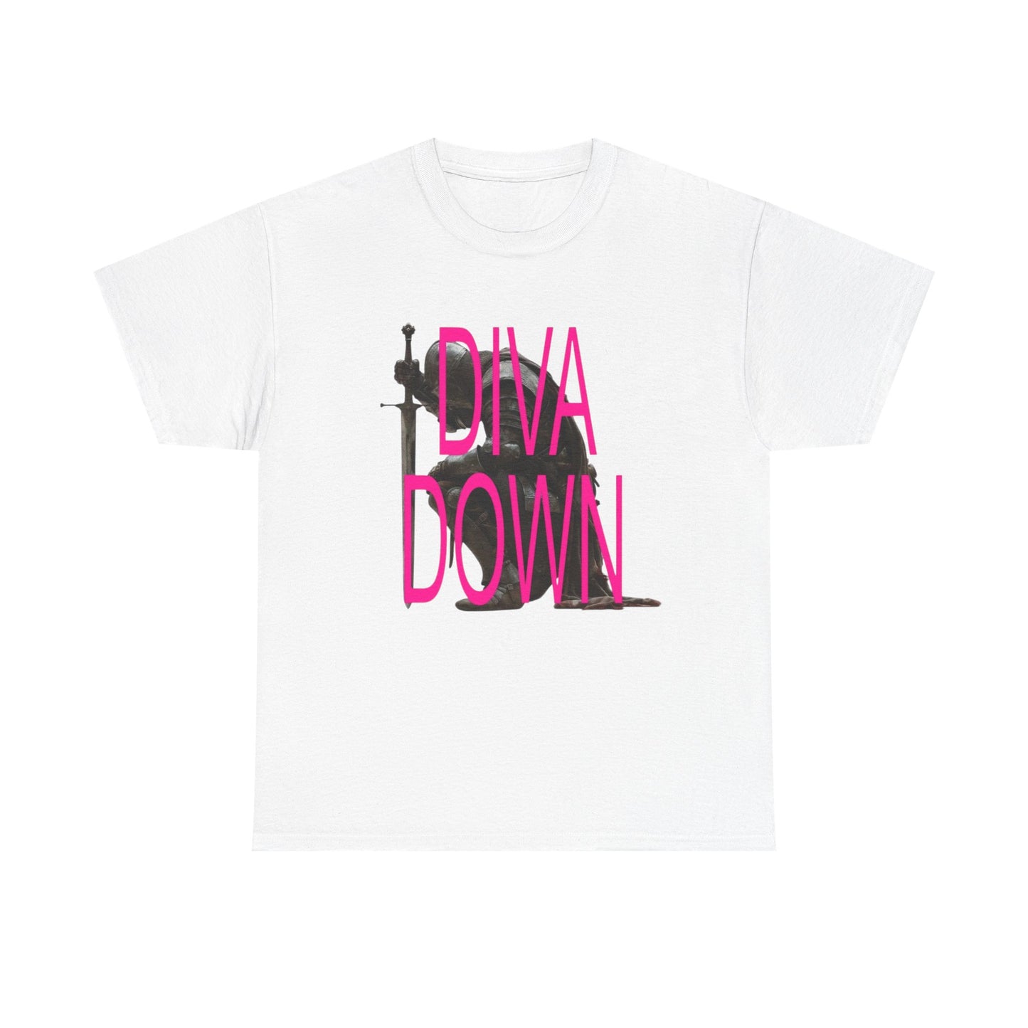 Diva Down Graphic Tee — Bold Pink Text Piano Silhouette T‑Shirt