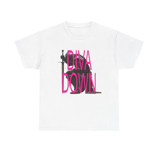 Diva Down Graphic Tee — Bold Pink Text Piano Silhouette T‑Shirt