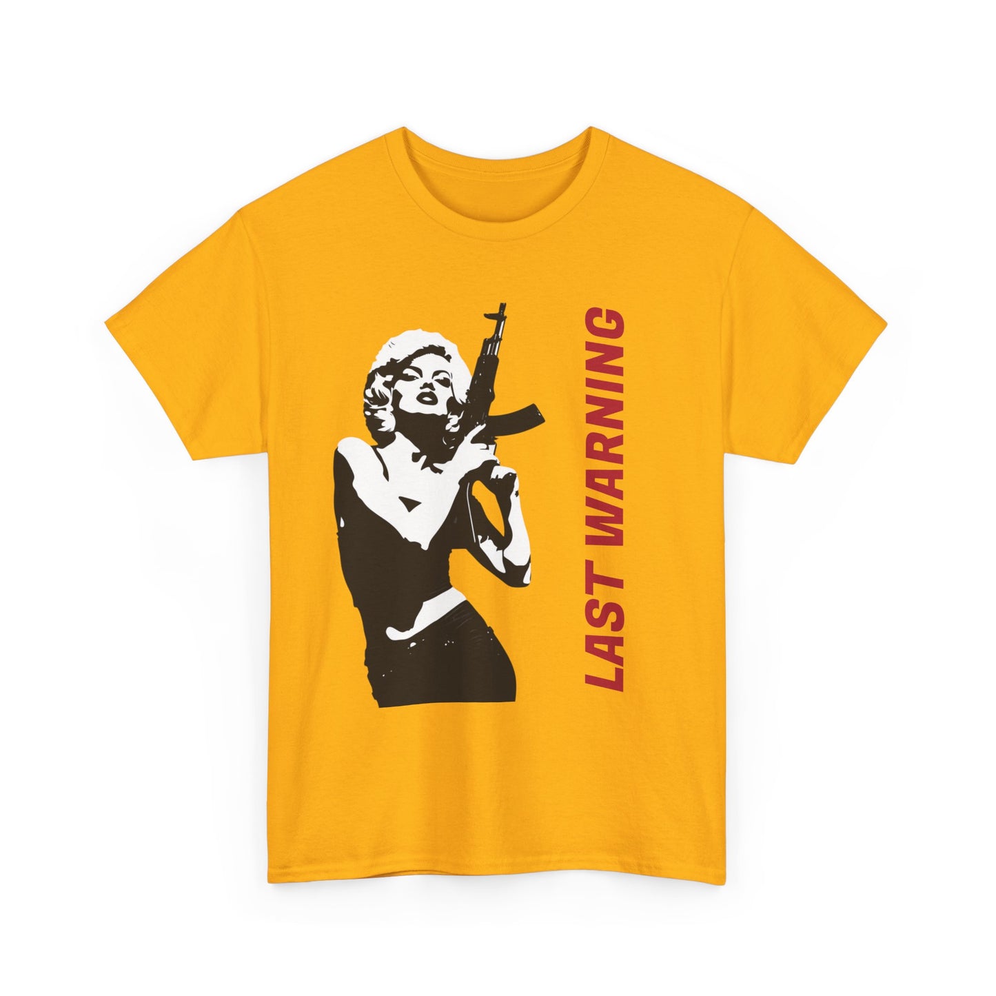 Last Warning Tee – Retro Pinup with Rifle Graphic