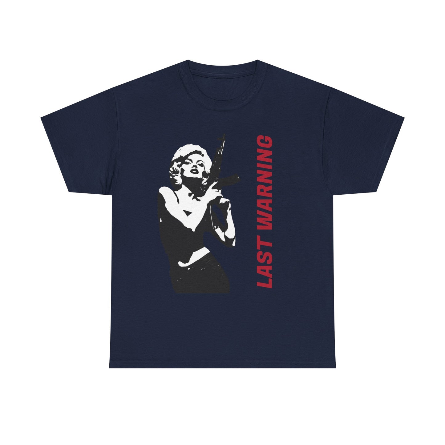 Last Warning Tee – Retro Pinup with Rifle Graphic