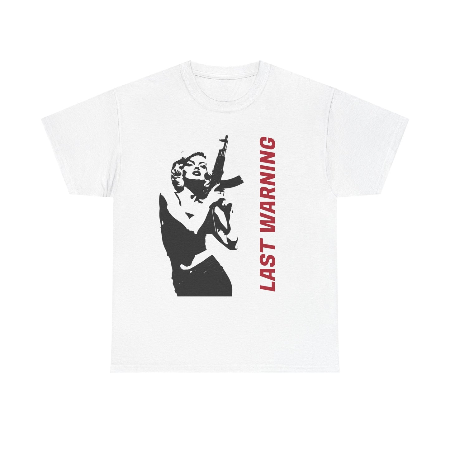 Last Warning Tee – Retro Pinup with Rifle Graphic