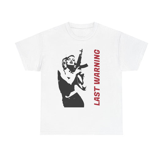 Last Warning Tee – Retro Pinup with Rifle Graphic