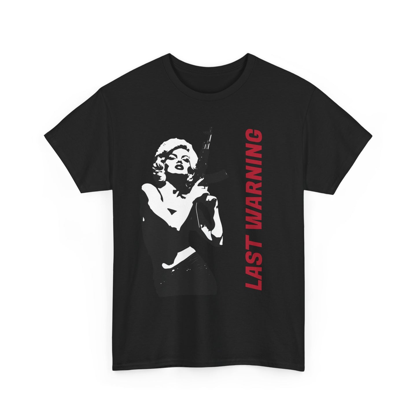 Last Warning Tee – Retro Pinup with Rifle Graphic