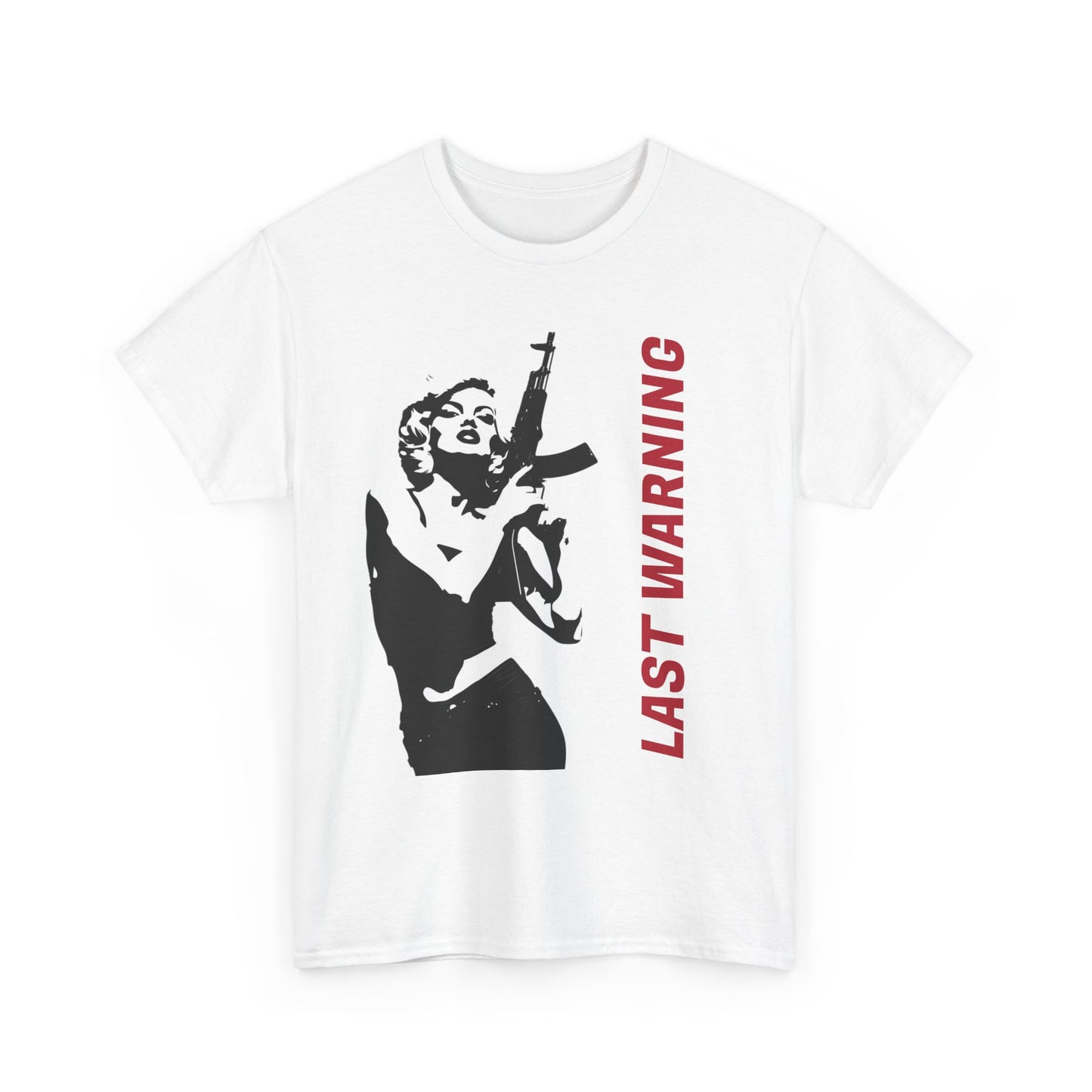 Last Warning Tee – Retro Pinup with Rifle Graphic