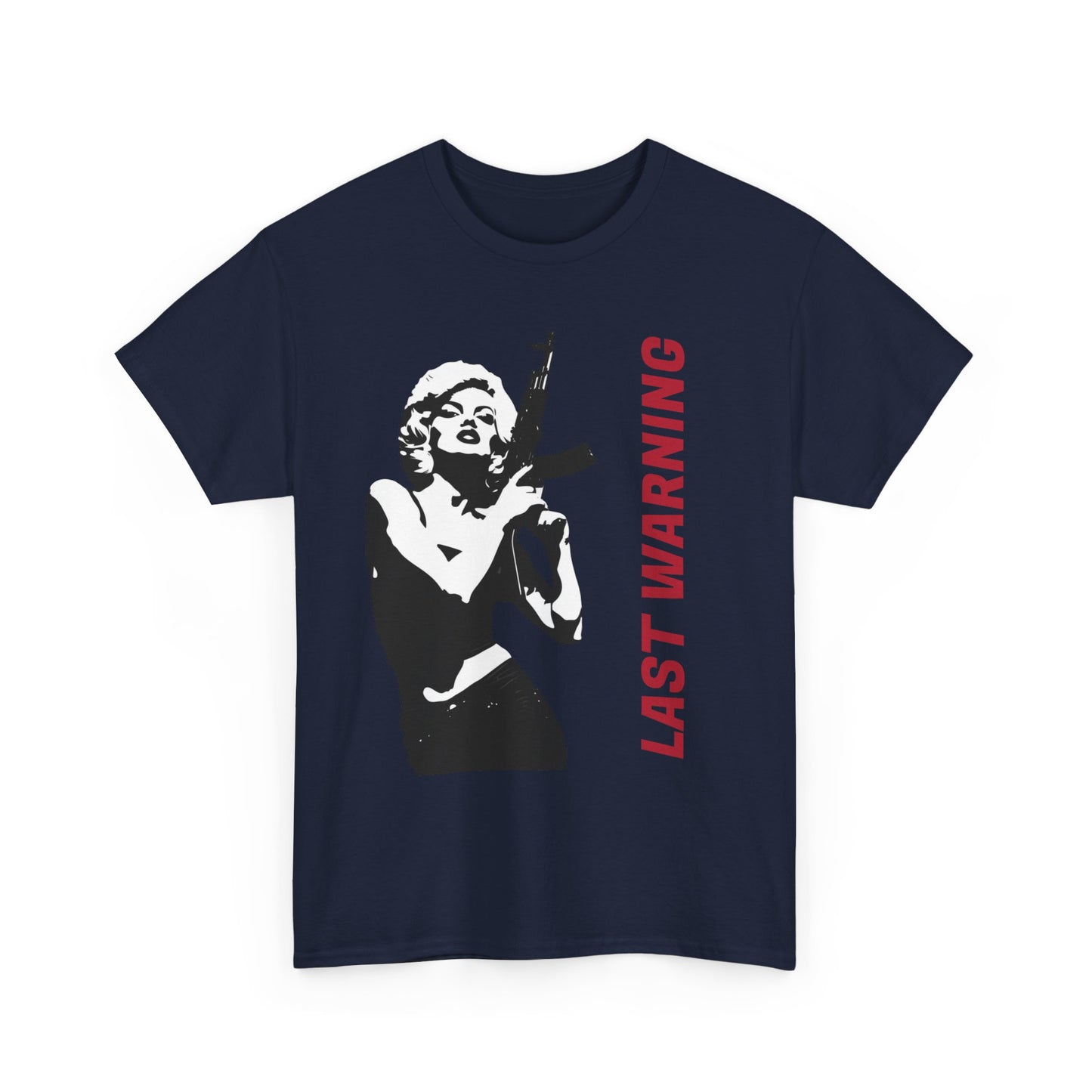 Last Warning Tee – Retro Pinup with Rifle Graphic