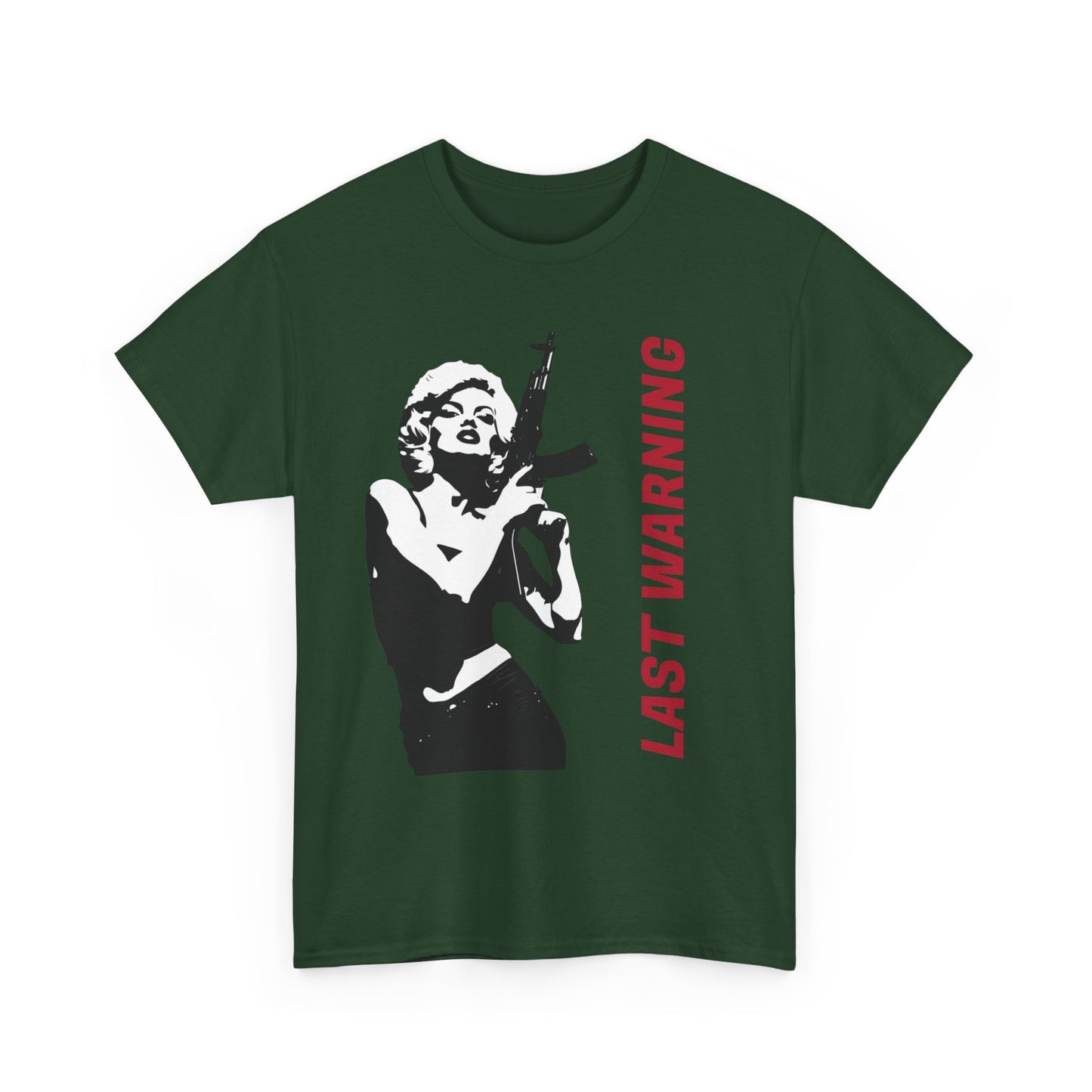 Last Warning Tee – Retro Pinup with Rifle Graphic