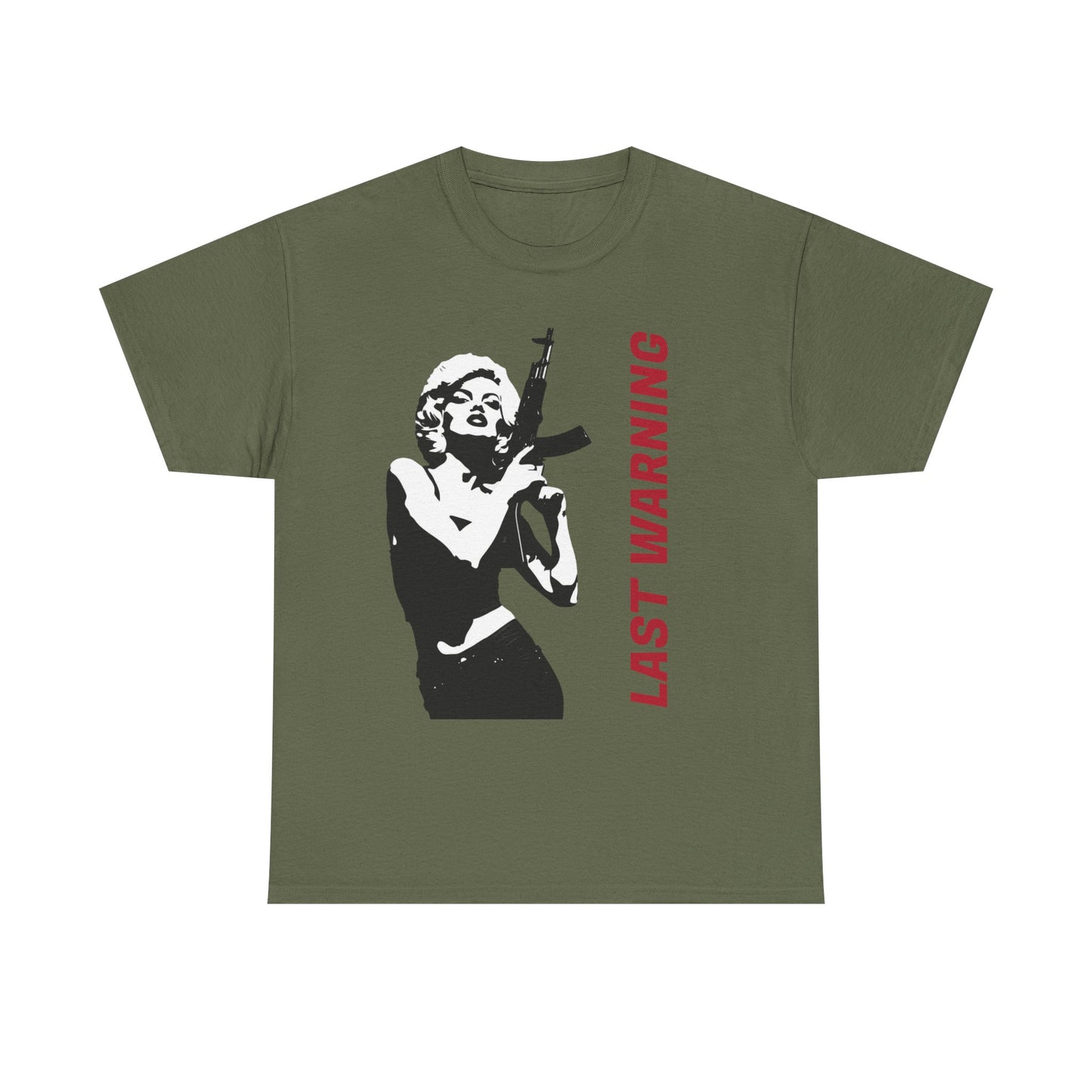 Last Warning Tee – Retro Pinup with Rifle Graphic