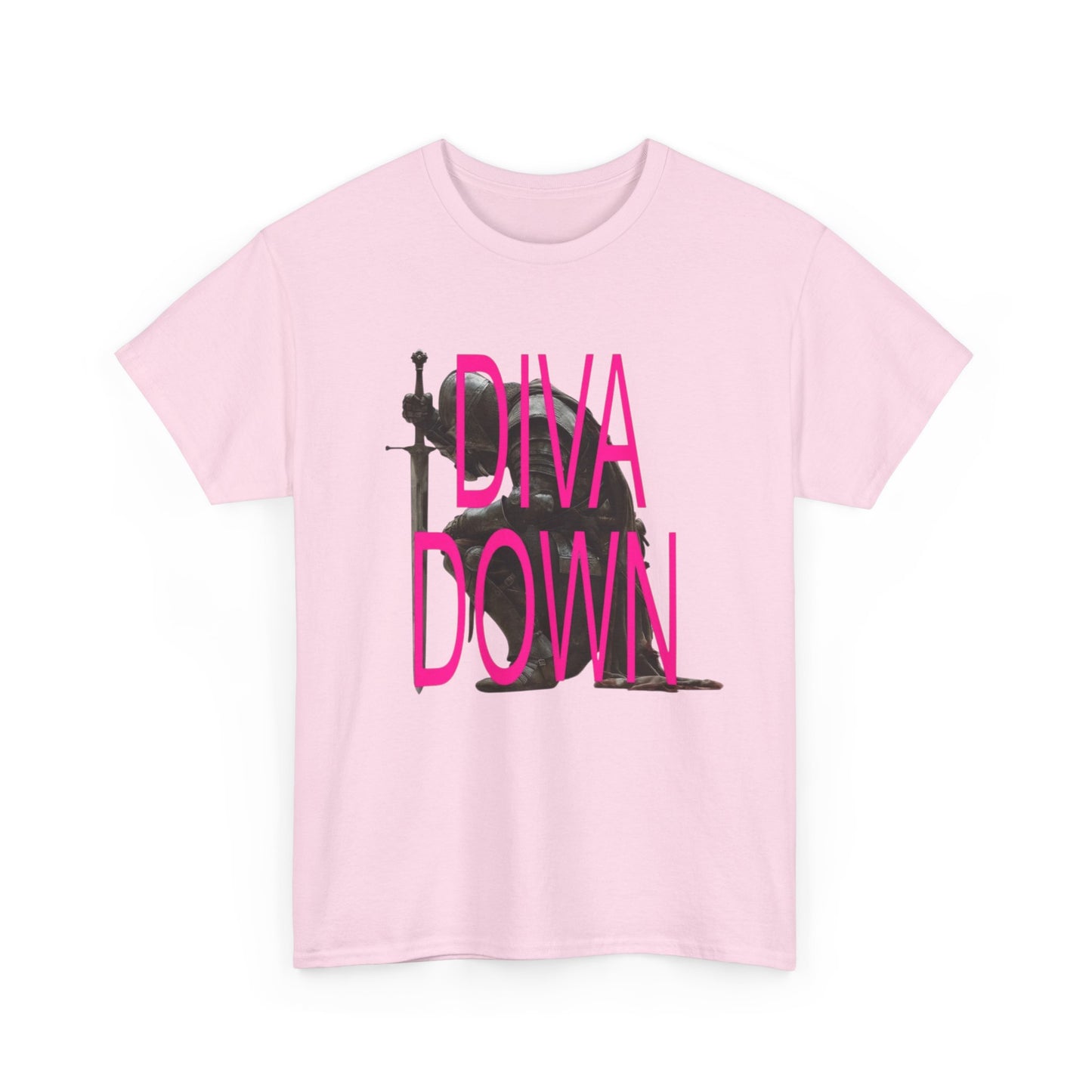 Diva Down Graphic Tee — Bold Pink Text Piano Silhouette T‑Shirt