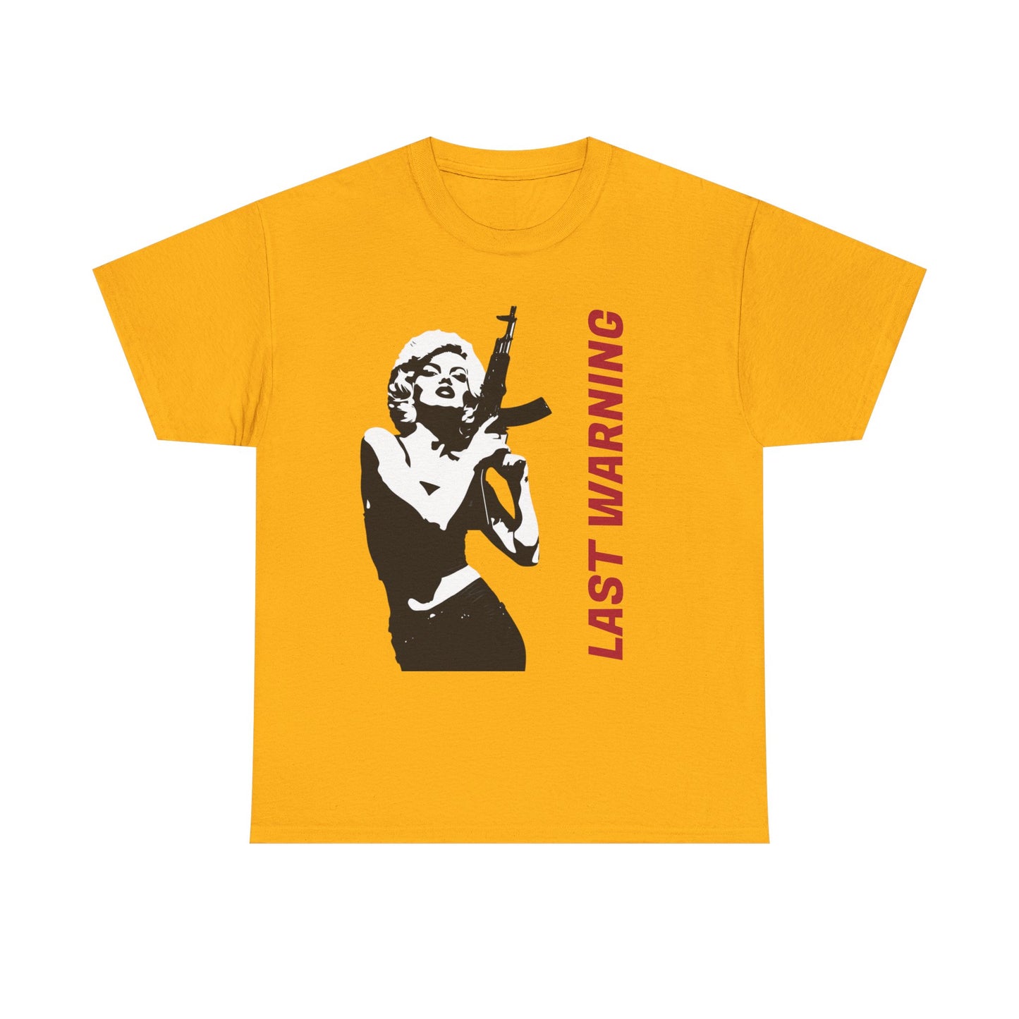 Last Warning Tee – Retro Pinup with Rifle Graphic