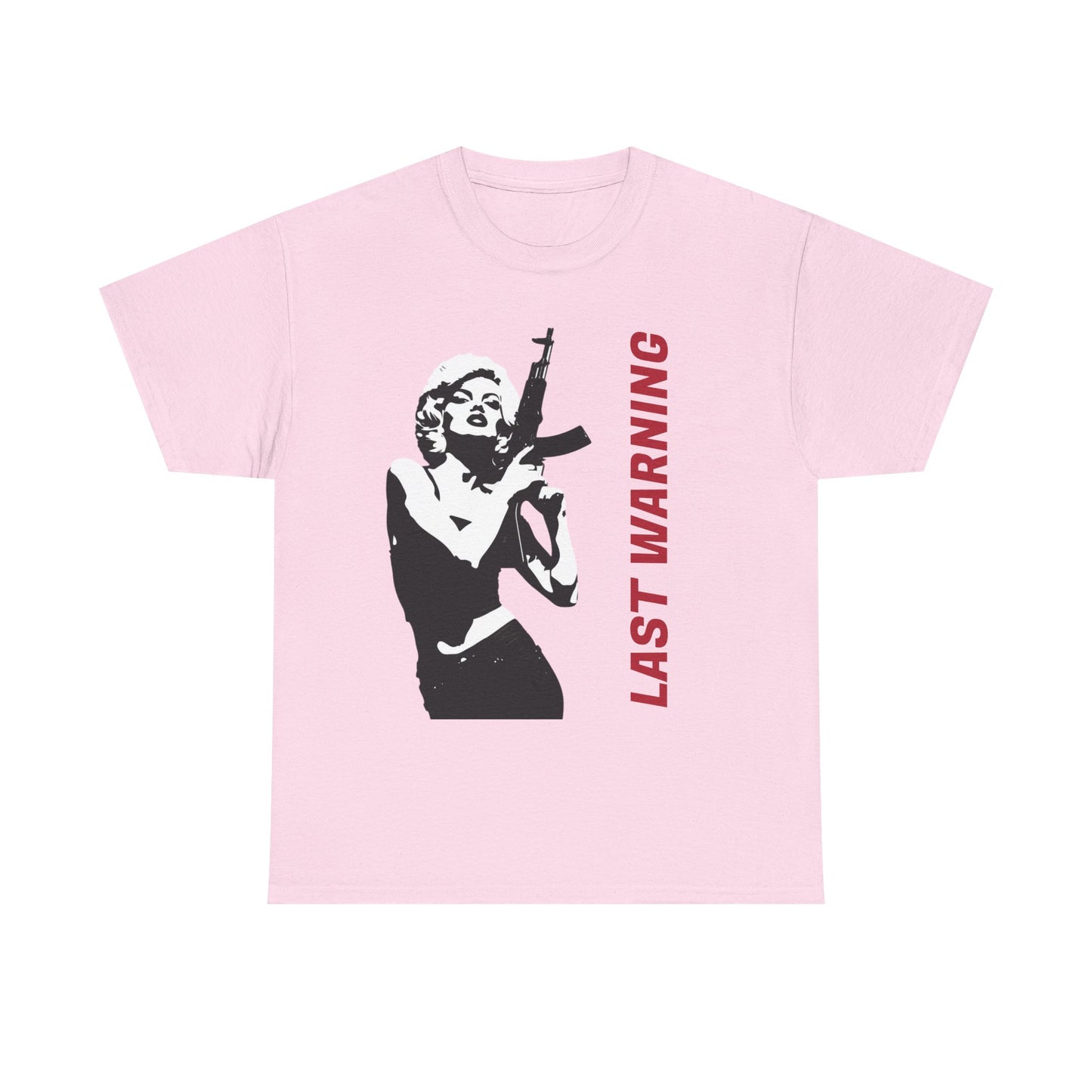Last Warning Tee – Retro Pinup with Rifle Graphic