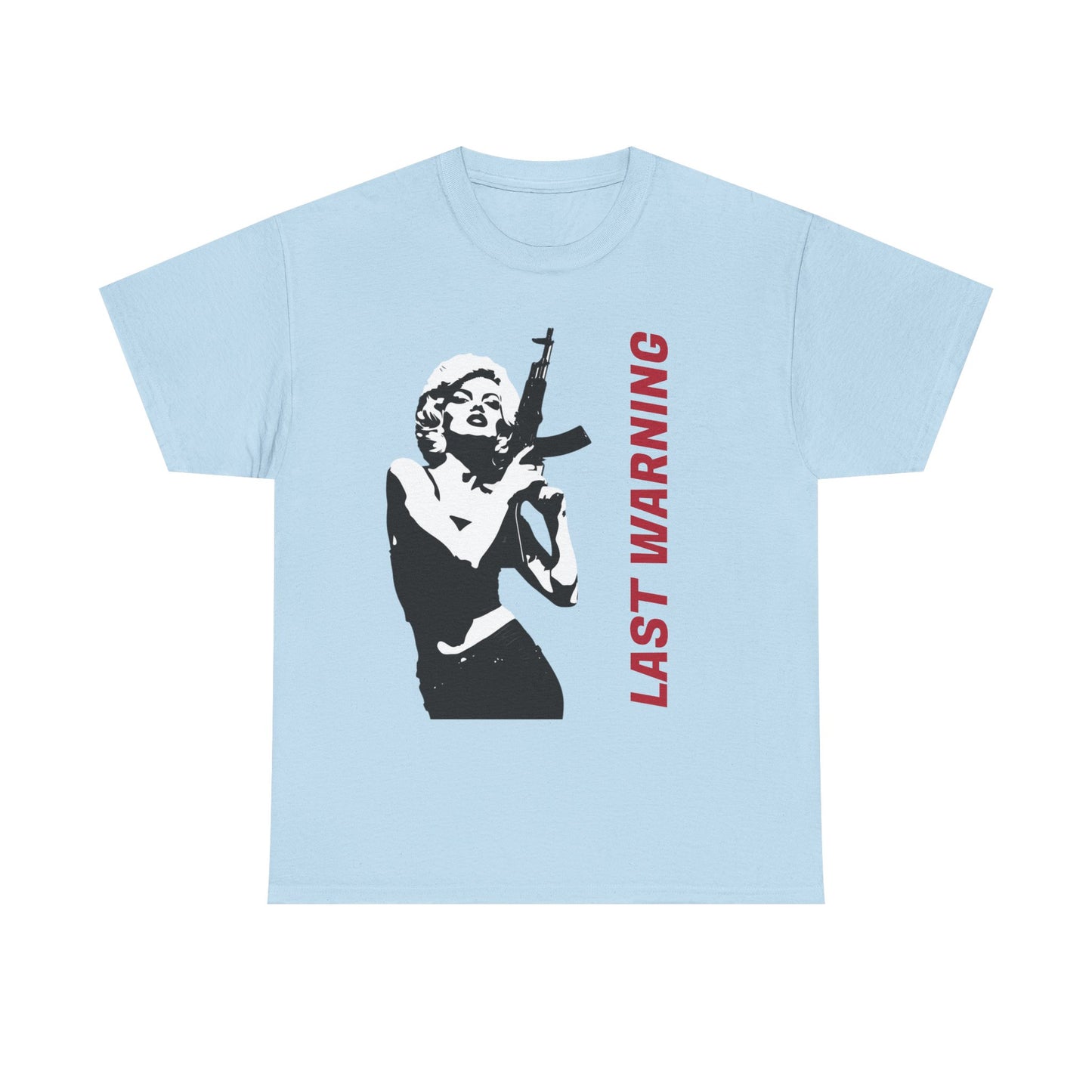 Last Warning Tee – Retro Pinup with Rifle Graphic