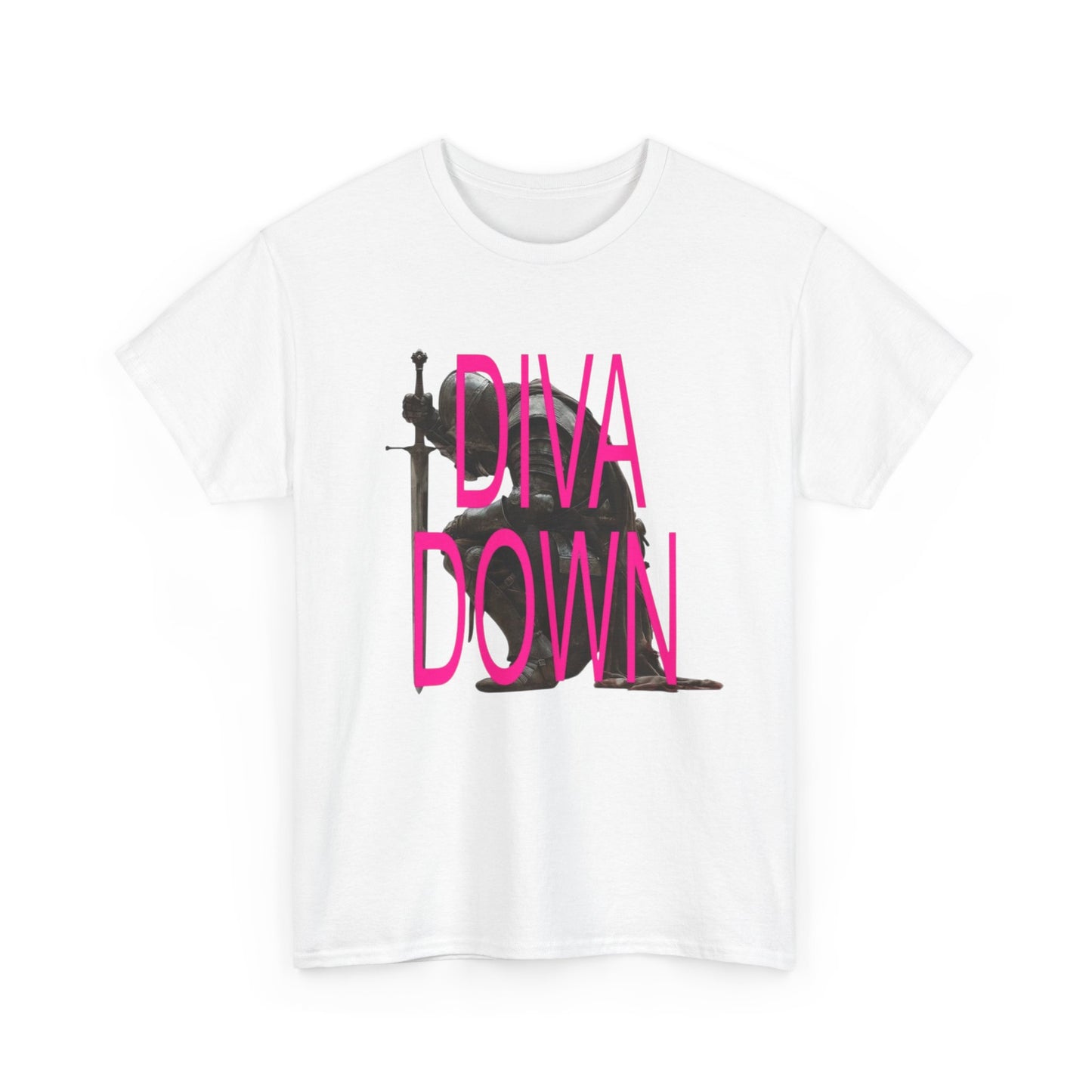 Diva Down Graphic Tee — Bold Pink Text Piano Silhouette T‑Shirt