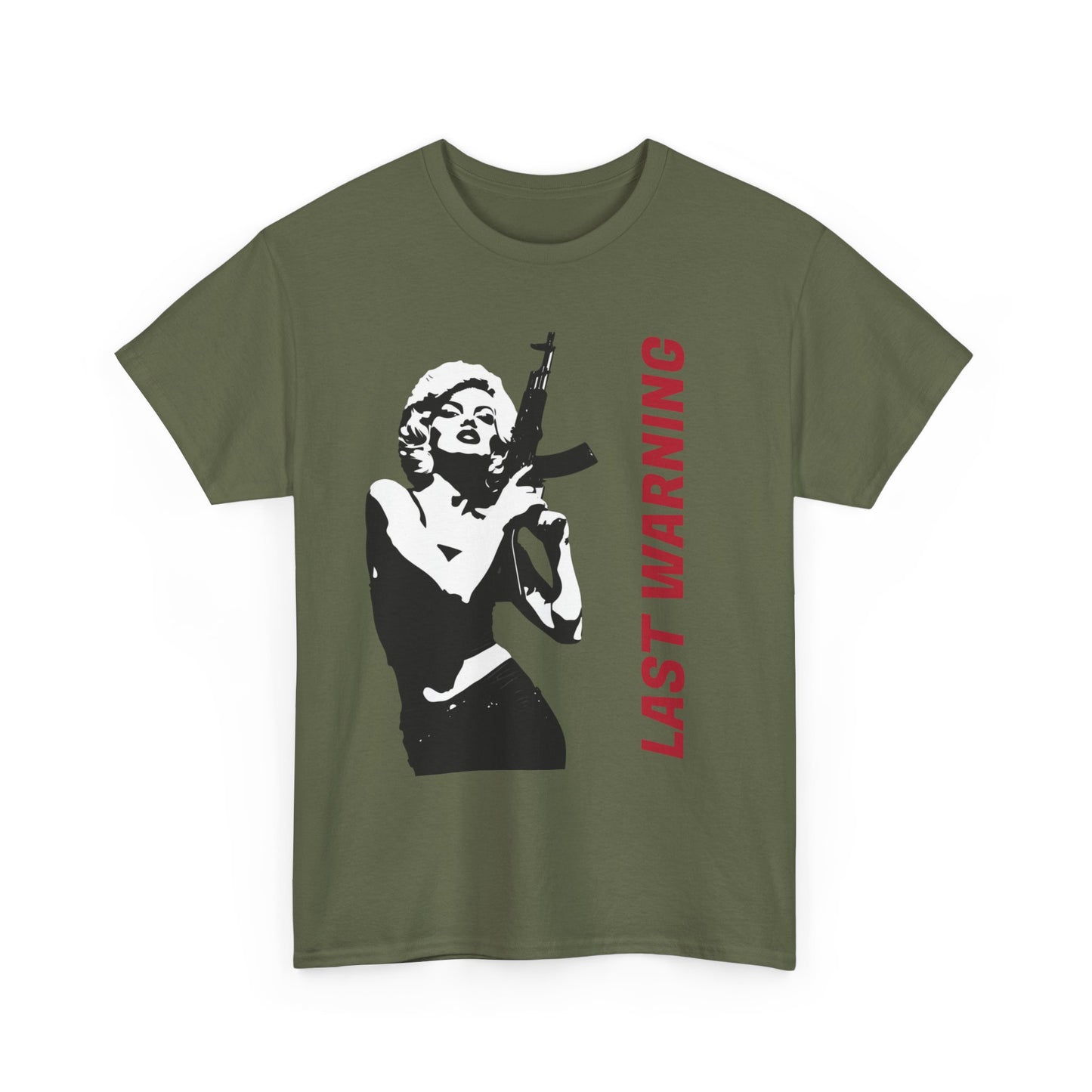 Last Warning Tee – Retro Pinup with Rifle Graphic