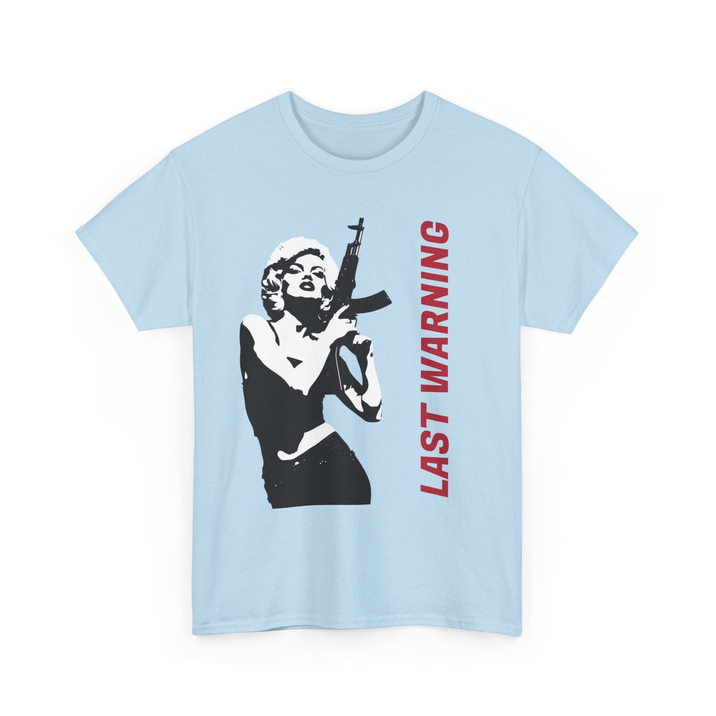Last Warning Tee – Retro Pinup with Rifle Graphic